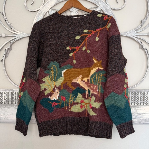 Susan Bristol Sweaters - Vintage 1988 Susan Bristol Shetland Wool Deer Rabbit Forest Scene Sweater Size M